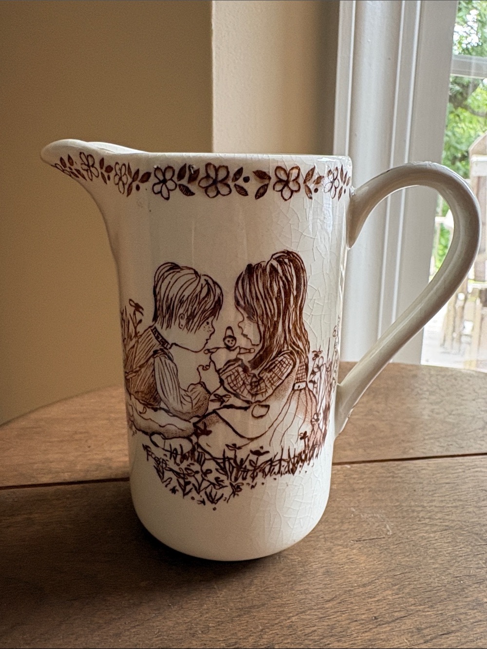 White ironstone Pitcher with Brown Illustration Accent - falcon ware England